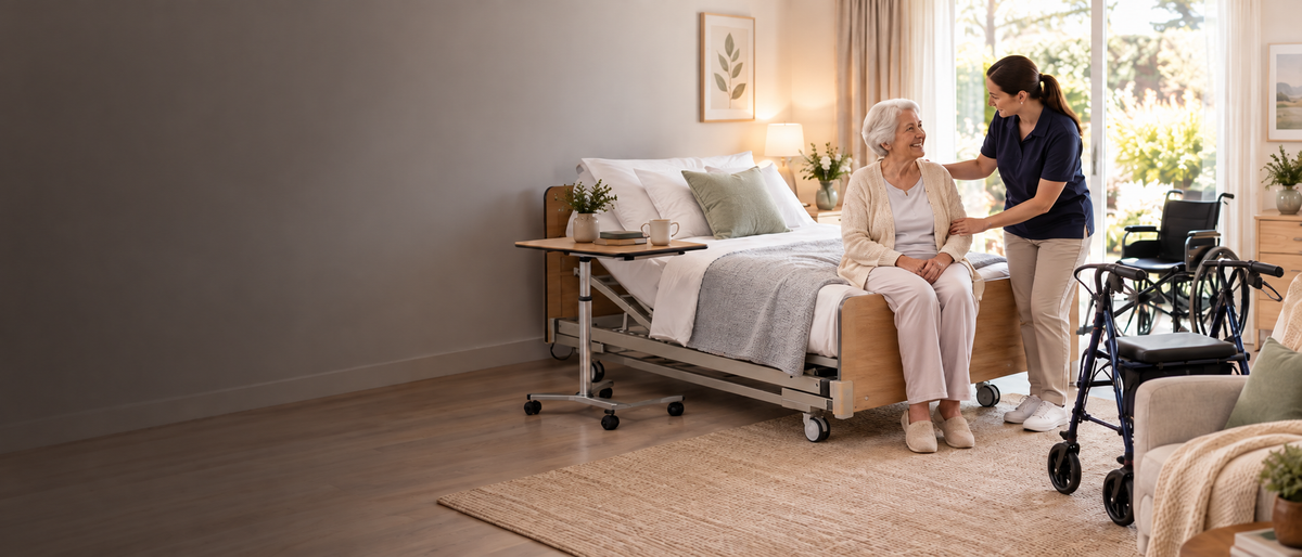 A lifestyle scene in a bright, modern bedroom showing an elderly woman sitting in a hospital-style bed while a caregiver in navy blue scrubs stands beside her. A walker is visible in the foreground, and the room has light wood floors, a beige rug, and soft natural light from a window.